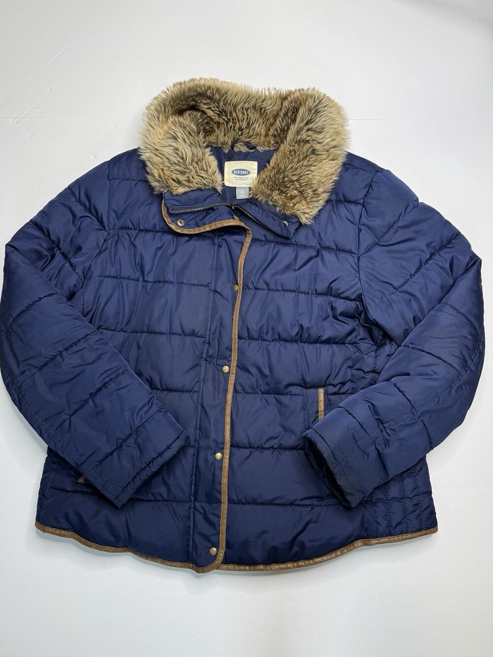 Old Navy Womens XL Frost Free Puffer Jacket Navy Faux Fur Collar Brown Trim